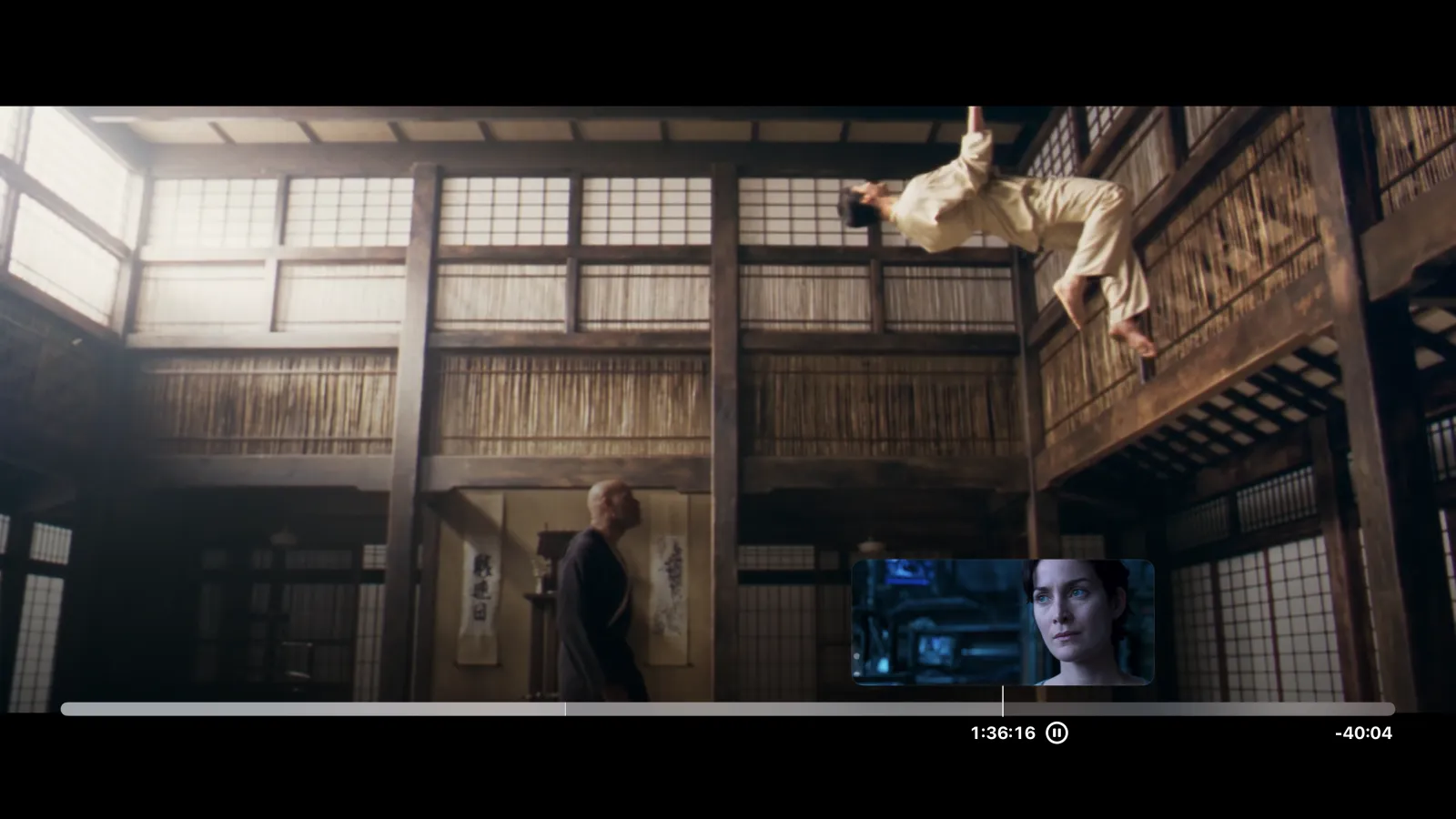 Scrubbing a film in Tomo TV on Apple TV, with a frame preview above the scrub bar