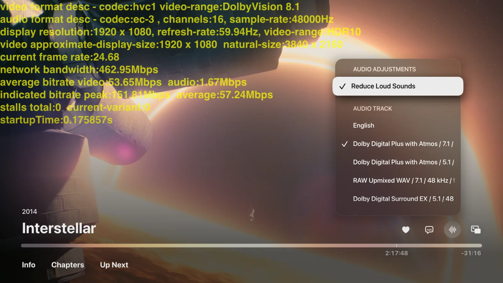 Tomo TV's player on Apple TV with the audio menu open. The Dolby Digital Plus with Atmos 7.1 track is selected, above a 5.1 Atmos track, a WAV track and a Dolby Digital Surround EX track.