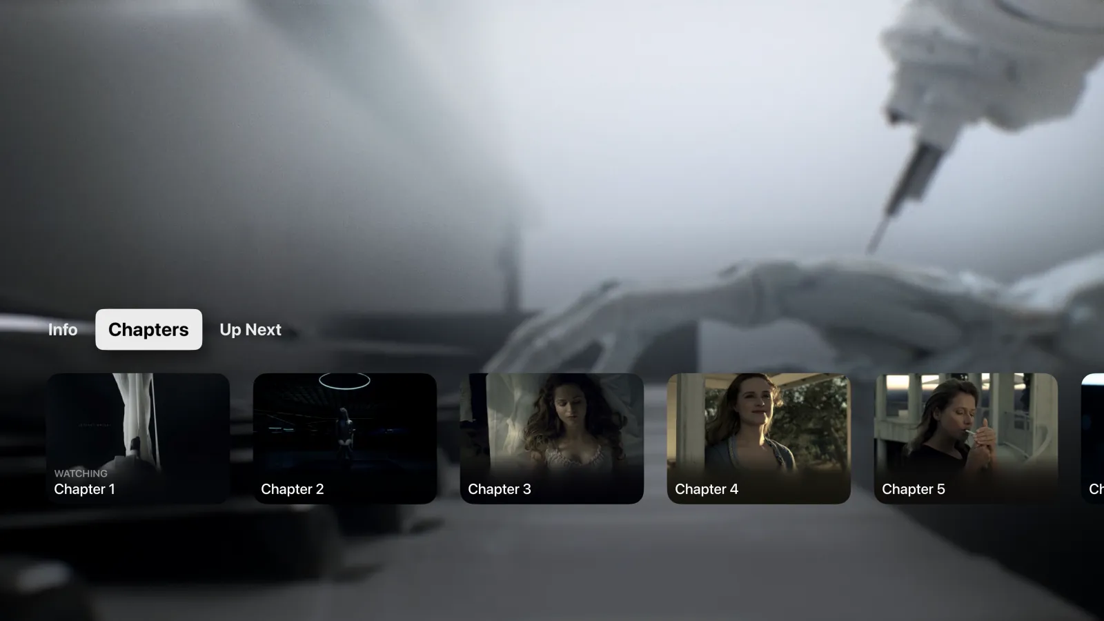 The Chapters row in Tomo TV's player on Apple TV, with a frame from the film on each chapter card