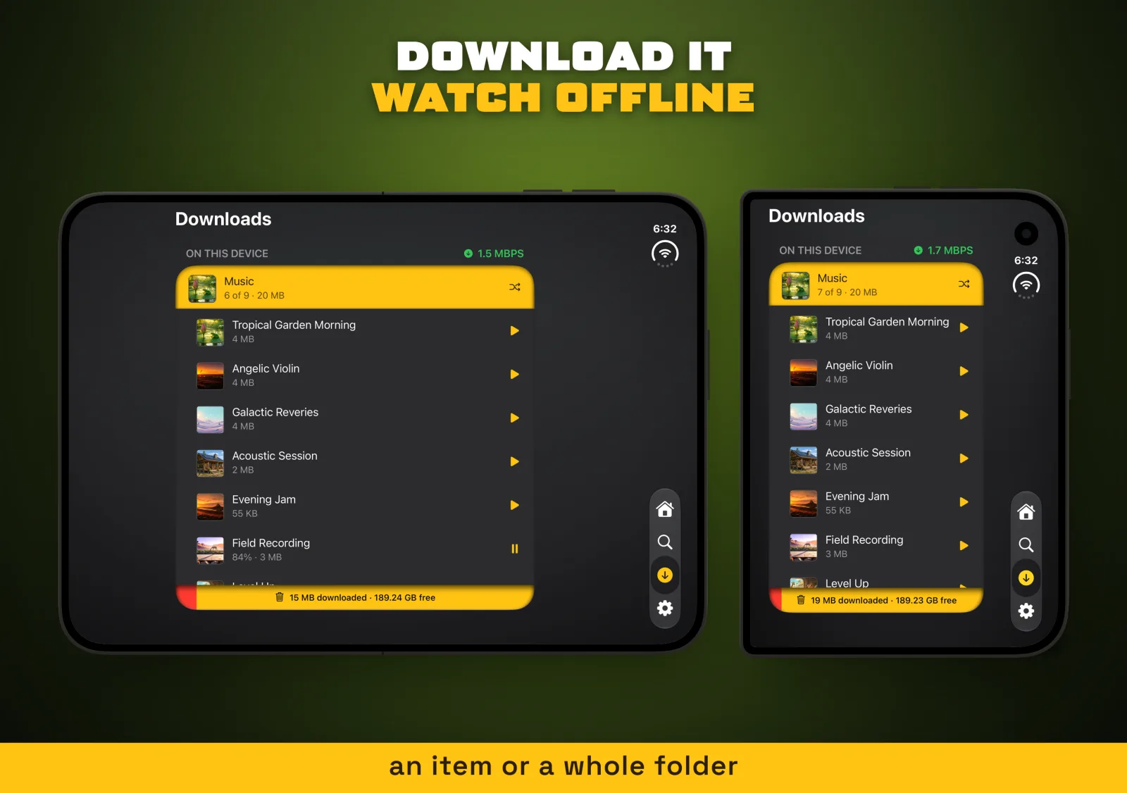 Tomo TV's Downloads screen on an iPhone Duo, open on the left and closed on the right, under the headline "Download it, watch offline" and a gold caption band