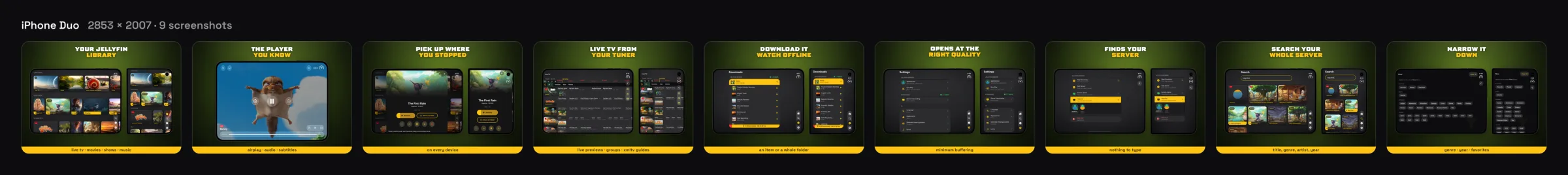 Nine iPhone Duo App Store screenshots in a row, most showing the open and closed screens side by side
