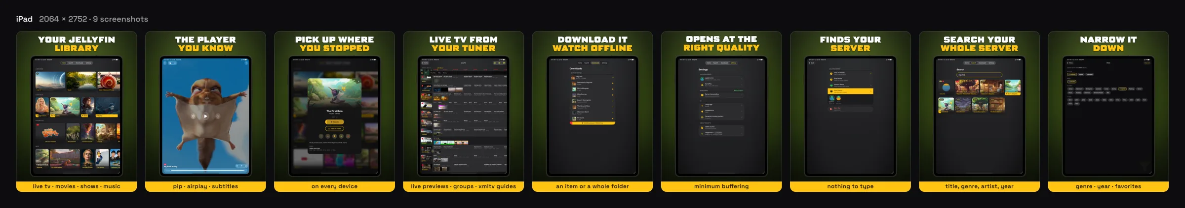 The same nine screenshots on iPad, each in a tablet outline