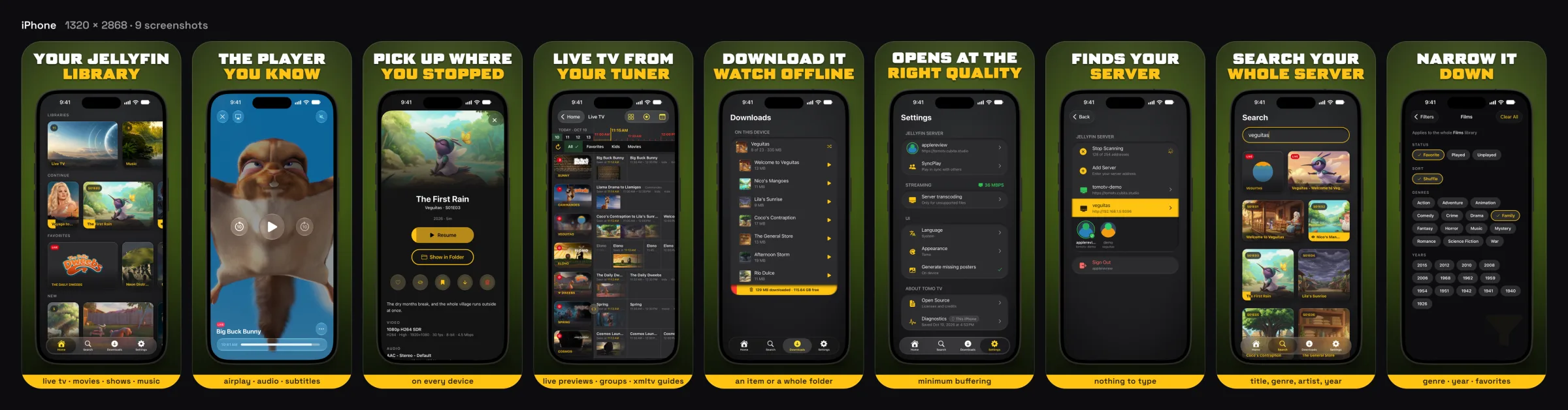 Nine iPhone App Store screenshots in a row: library, player, item details, Live TV, downloads, settings, server list, search and filters, each in a phone outline under a two-line headline