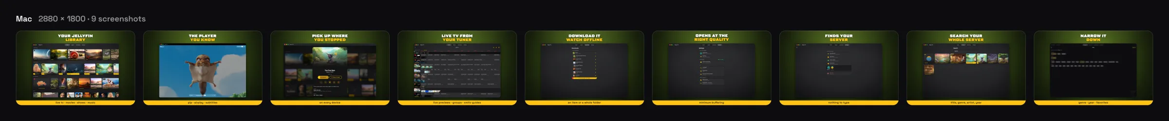Nine Mac App Store screenshots of Tomo TV's windows on a wide canvas