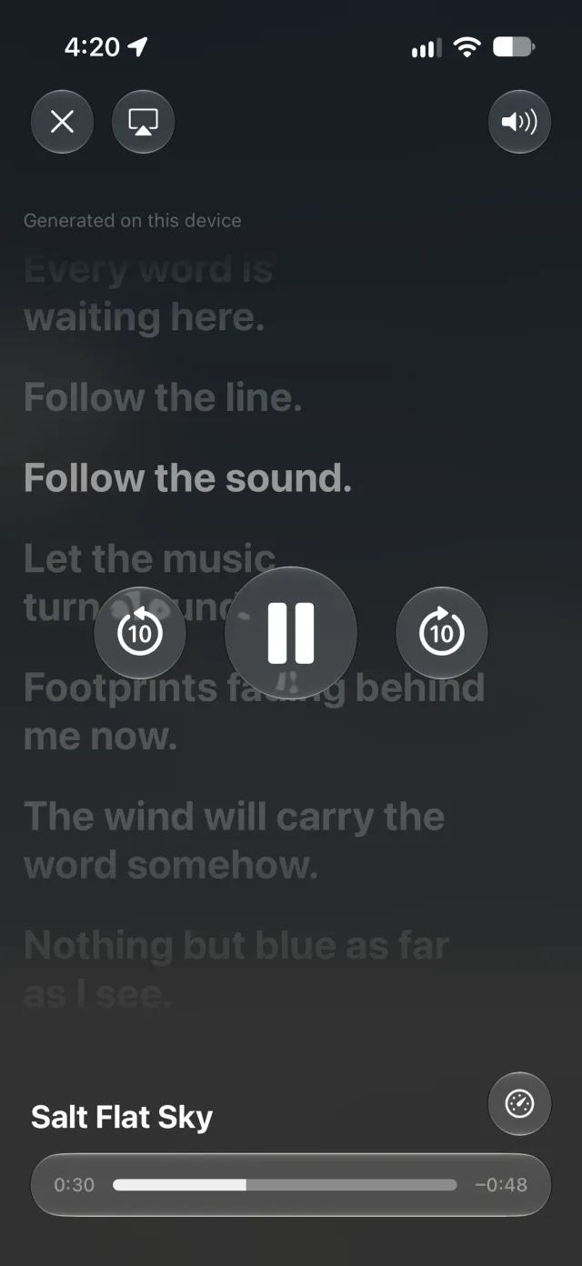 The same song with AVKit's controls up over the written lines: close, AirPlay and volume at the top, play controls in the middle, the song's title and a progress bar at the bottom