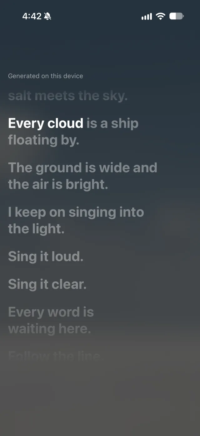 Tomo TV on an iPhone playing a test song with no lyrics anywhere: the caption Generated on this device above lines the phone wrote by listening, the first two words of the sung line in white and the rest dimmed