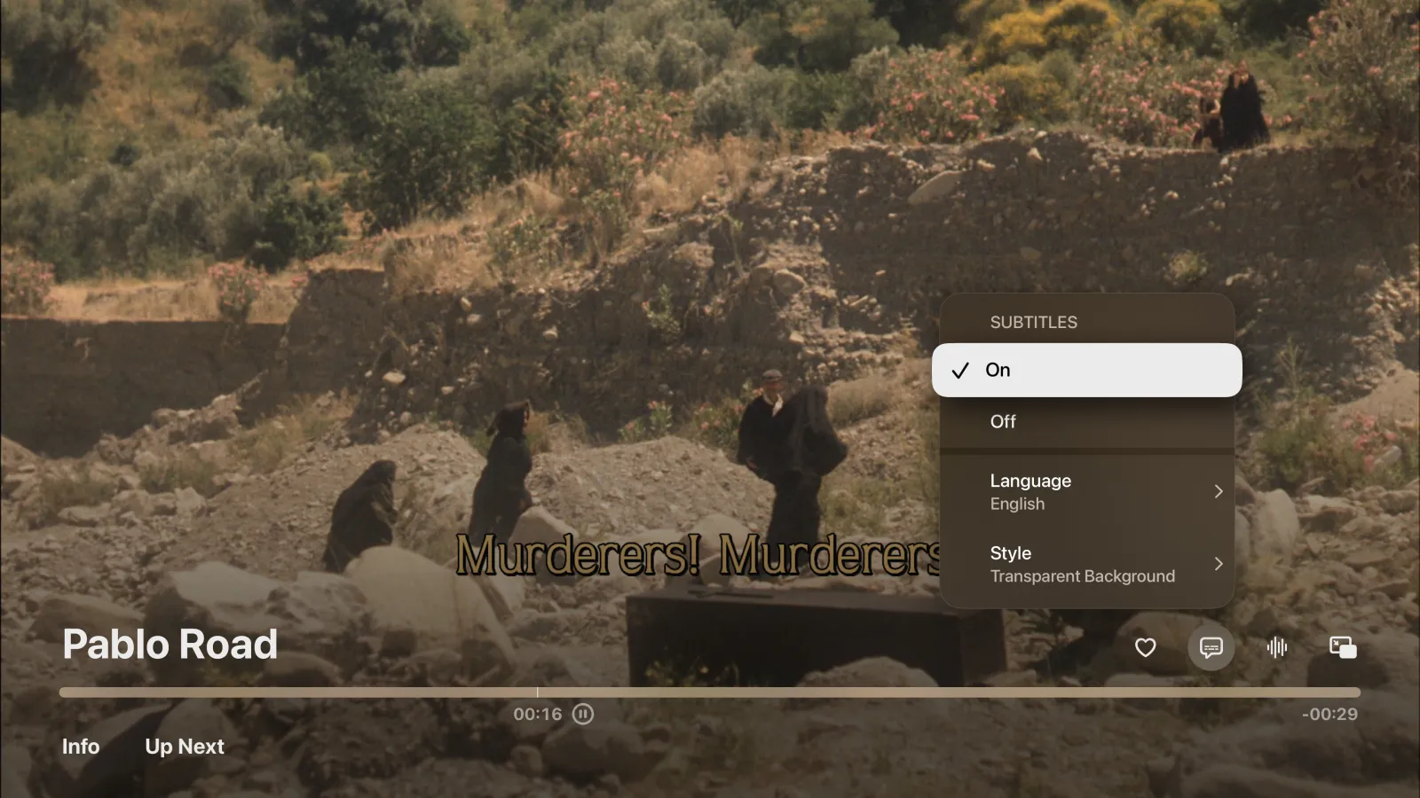 A Blu-ray picture subtitle over a film in Tomo TV on Apple TV, with the player controls and the subtitle menu open