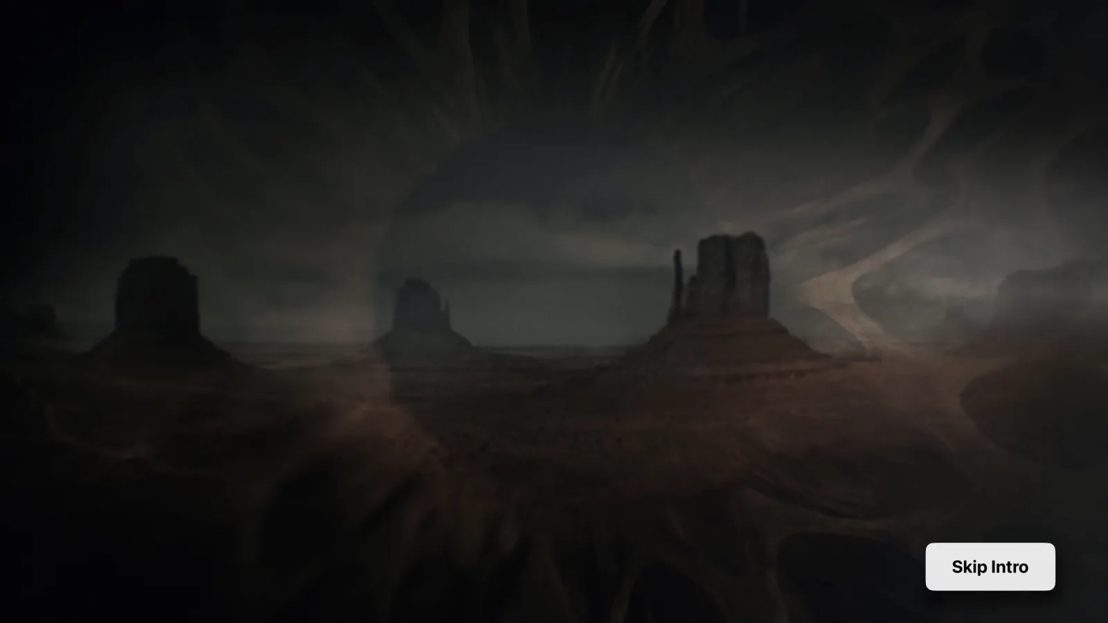 A dark film frame in Tomo TV on Apple TV with a Skip Intro button in the lower right corner