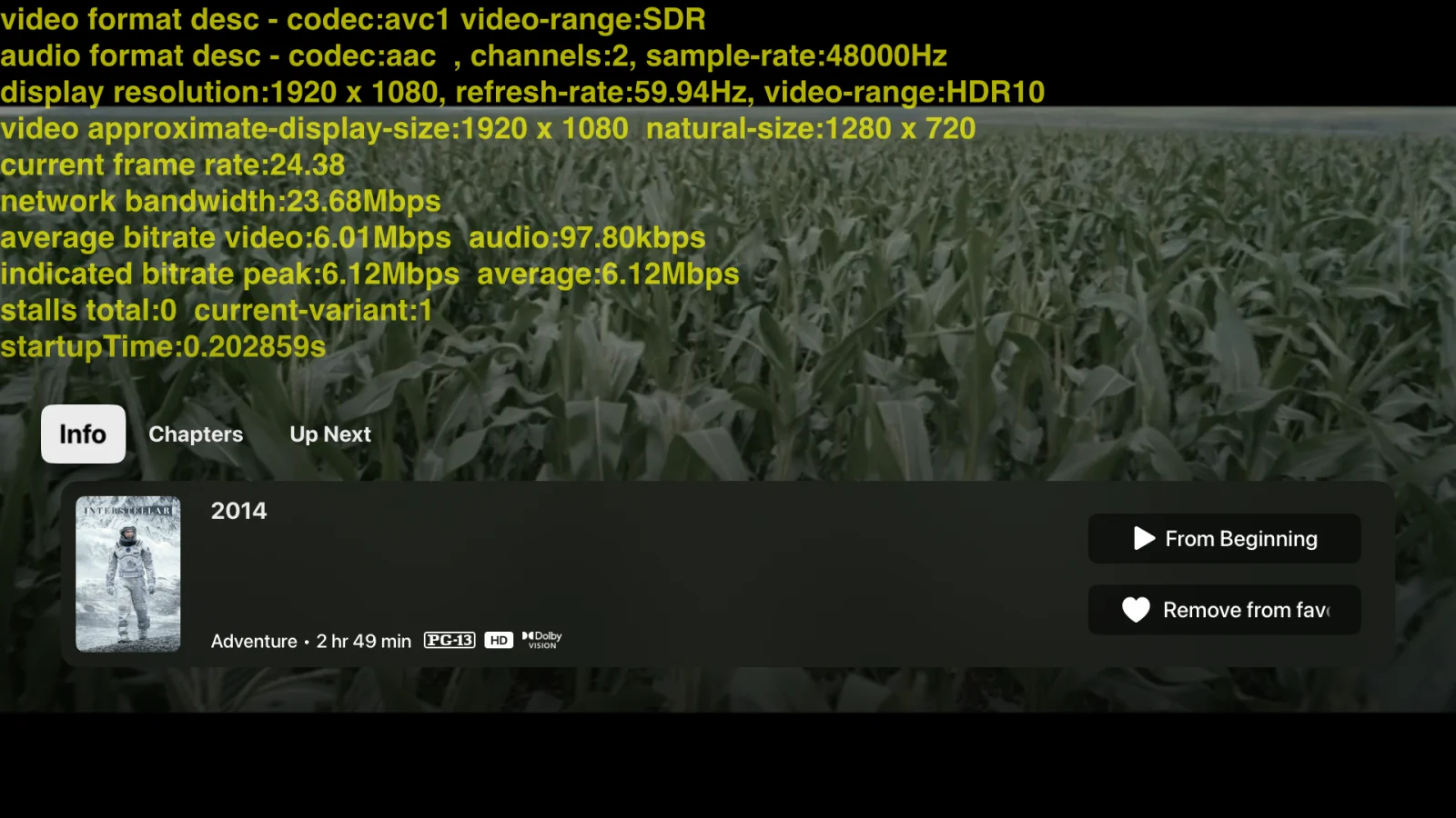 The same HUD over the same film under a throttled link: H.264 SDR, 1280 by 720, network bandwidth 23.68 Mbps, indicated bitrate 6.12 Mbps, stalls 0, current-variant 1.