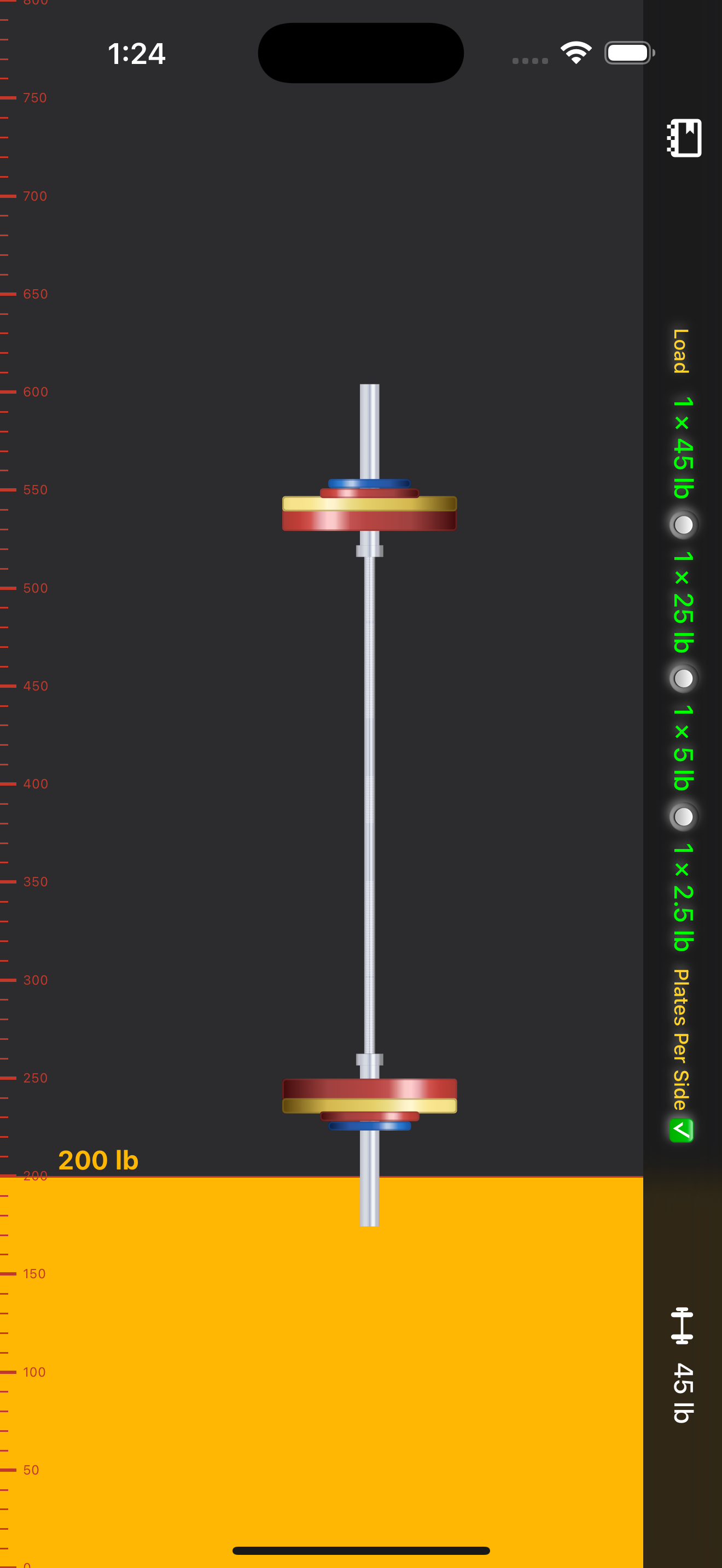 The shipped app at 200 lb, showing the loaded barbell and the plate breakdown rail