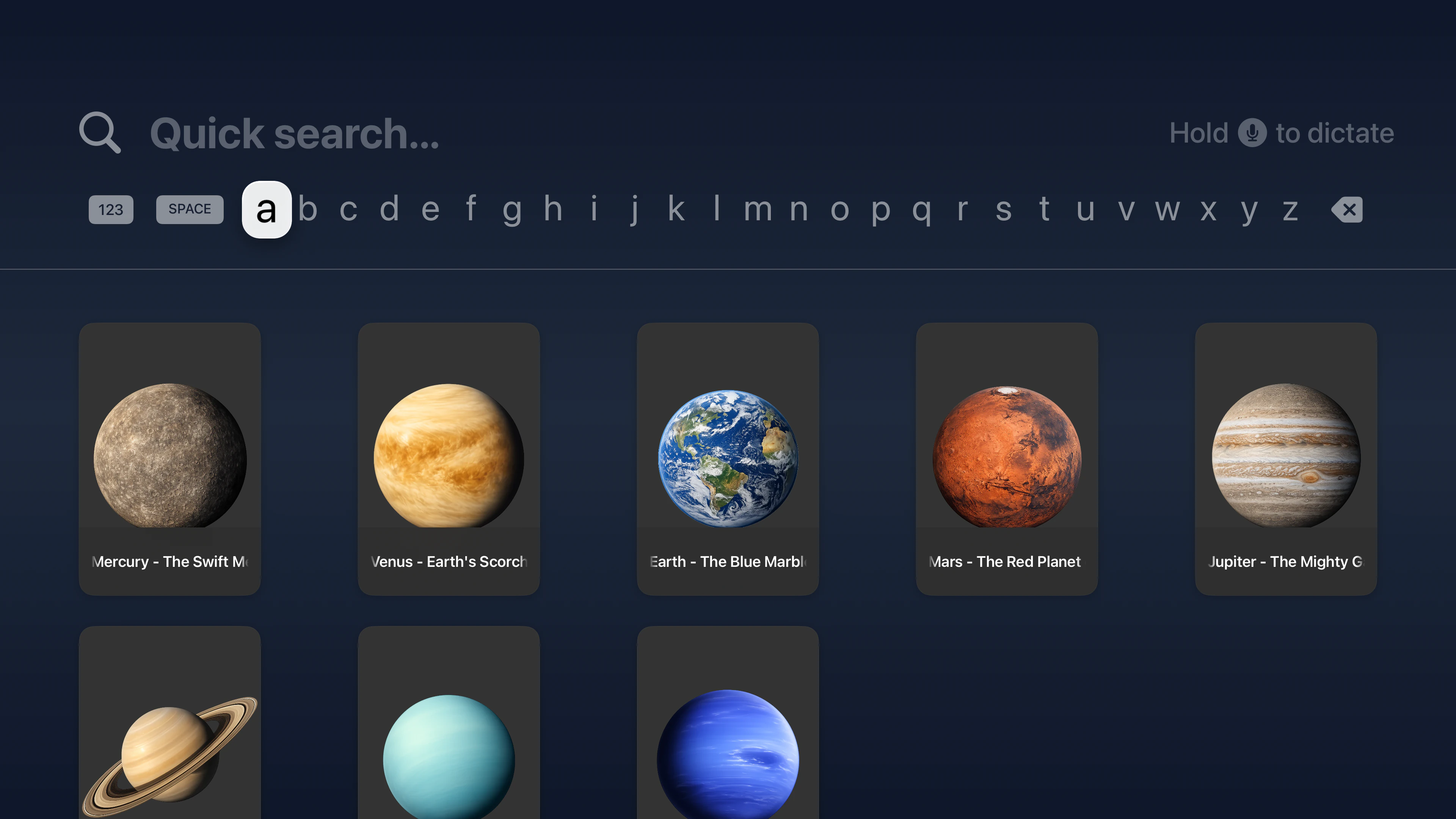 expo-tvos-search demo screenshot showing search bar on Apple TV