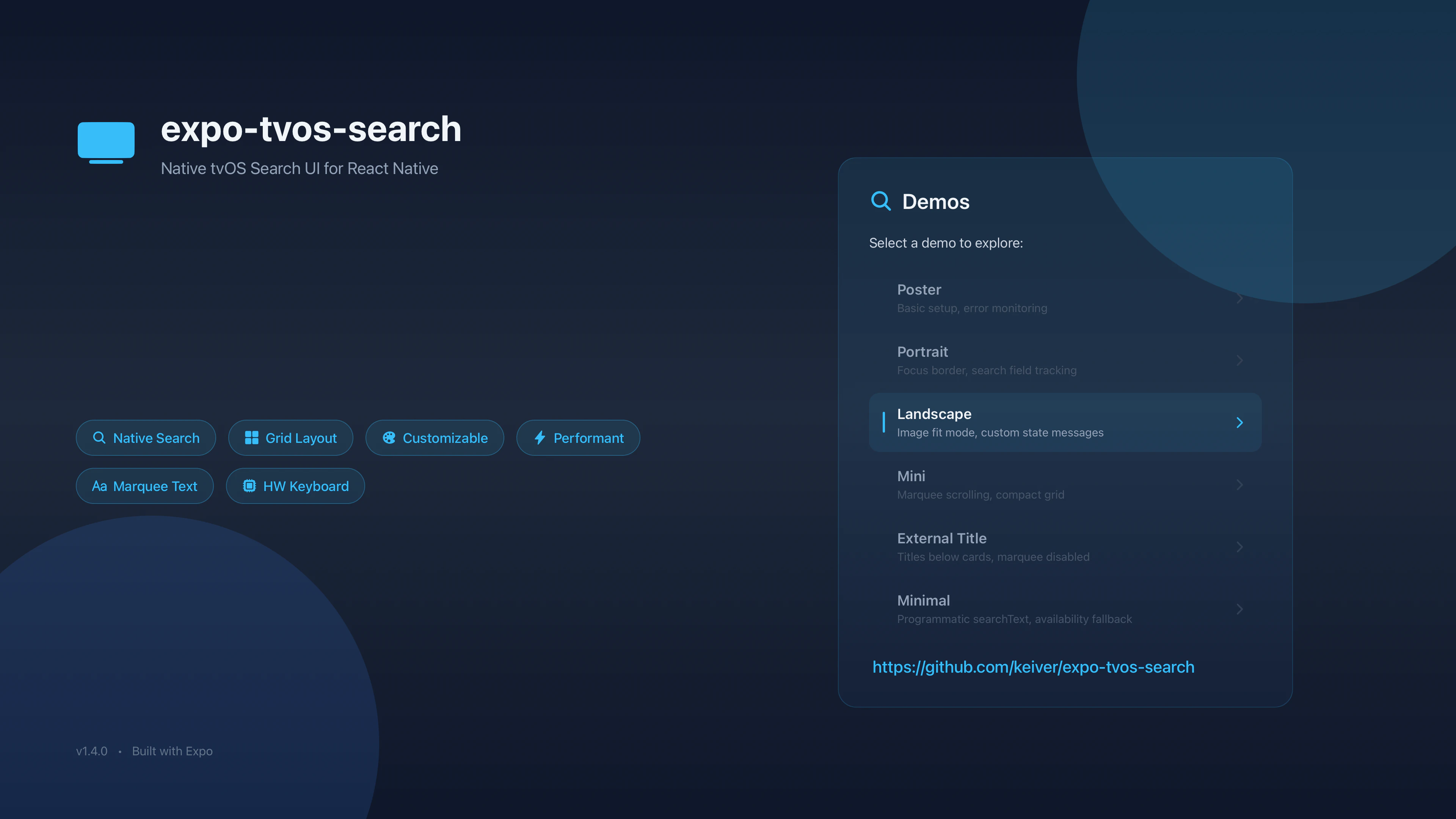 expo-tvos-search help screen screenshot showing info about using the search feature on Apple TV