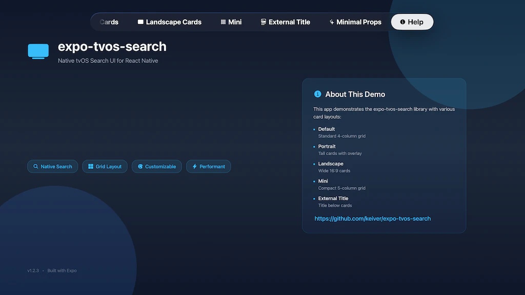expo-tvos-search help screen screenshot showing info about using the search feature on Apple TV