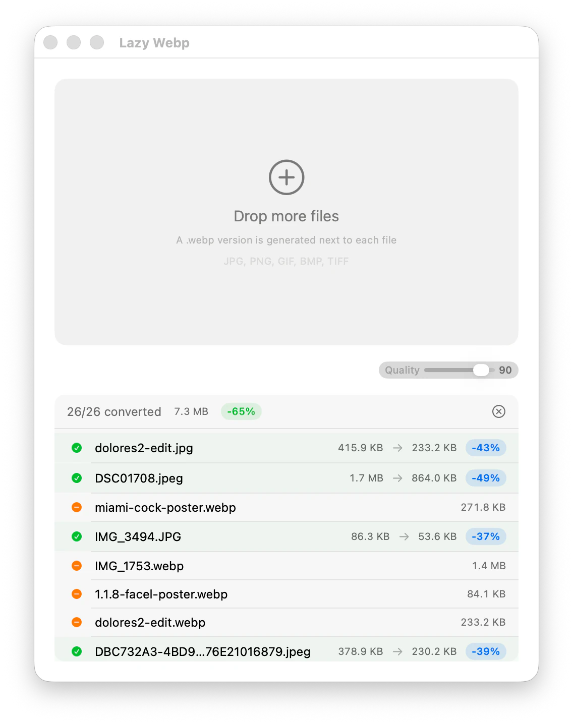 lazywebp macOS app showing 26 files converted with 65% average savings