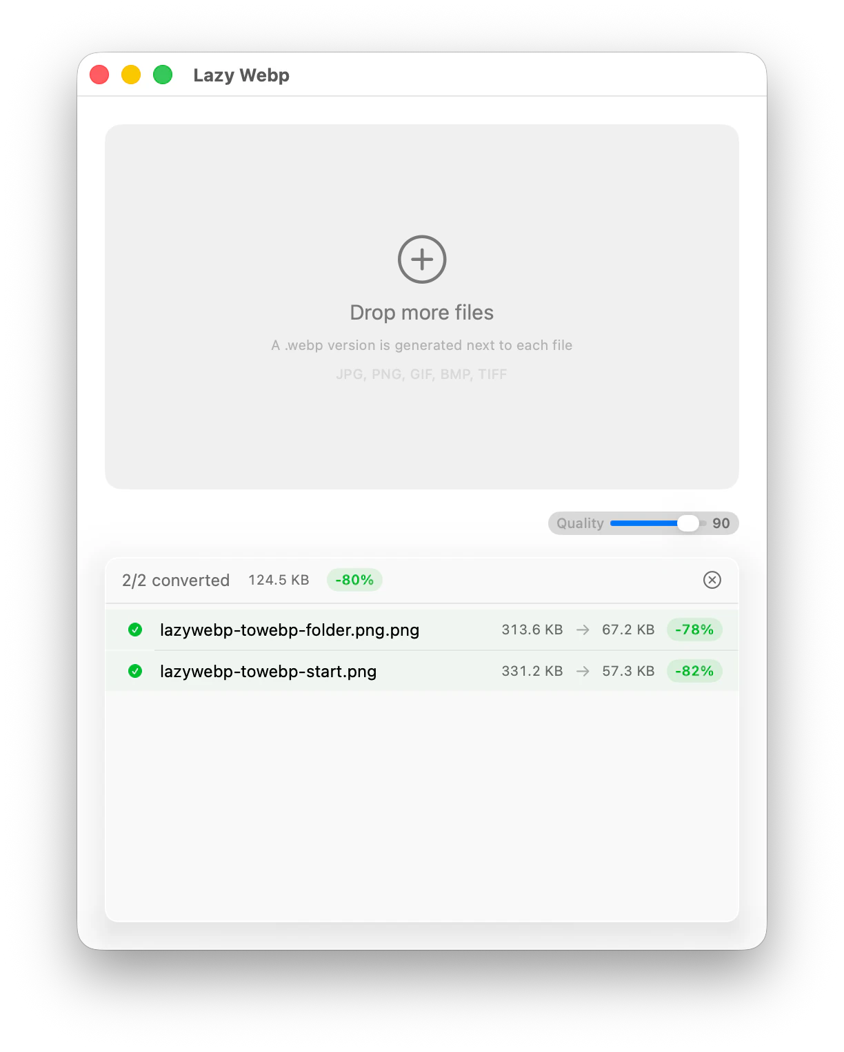 lazywebp macOS app showing 2 files converted with per-file savings