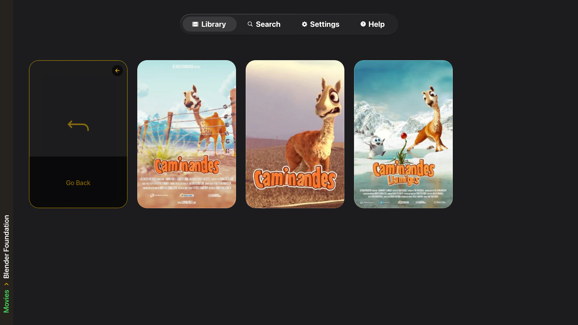 Tomo TV browsing Blender Foundation Movies folder showing Go Back button and three Caminandes movie posters