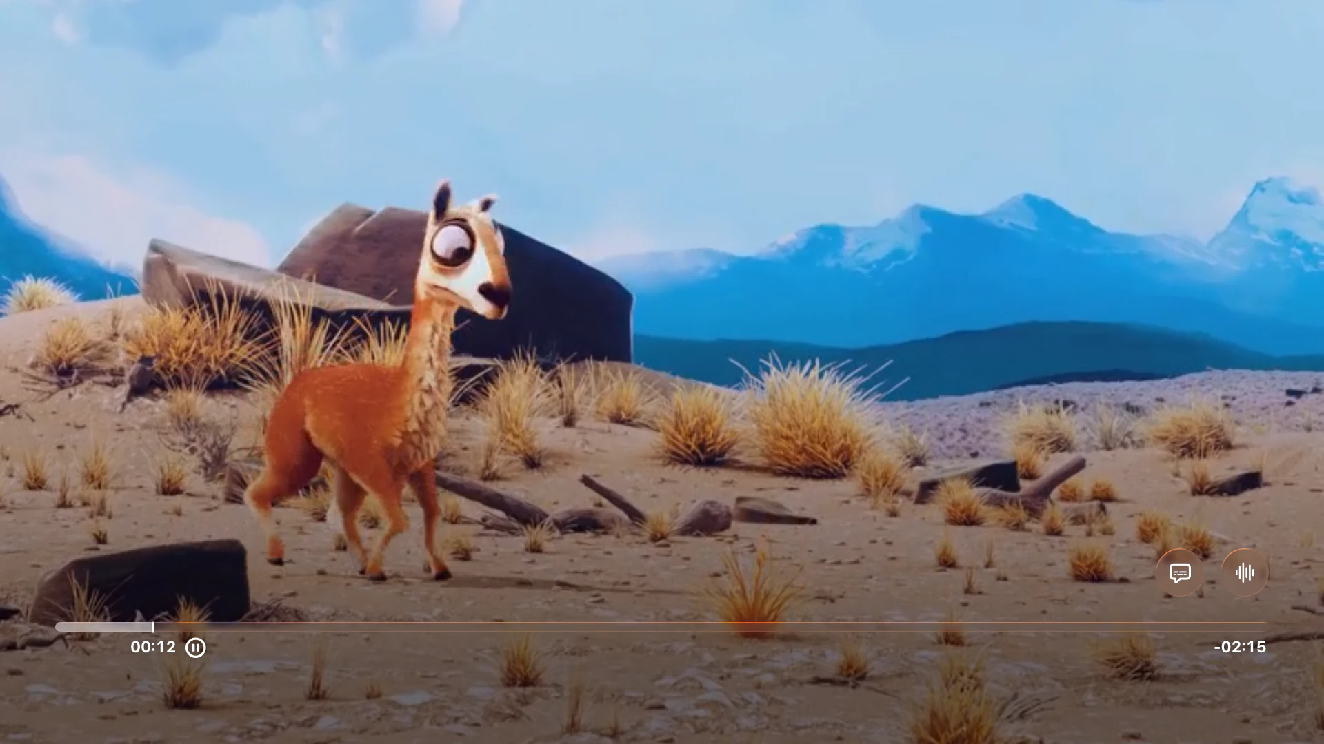 Tomo TV video playback of Caminandes showing animated llama character in desert landscape with progress bar
