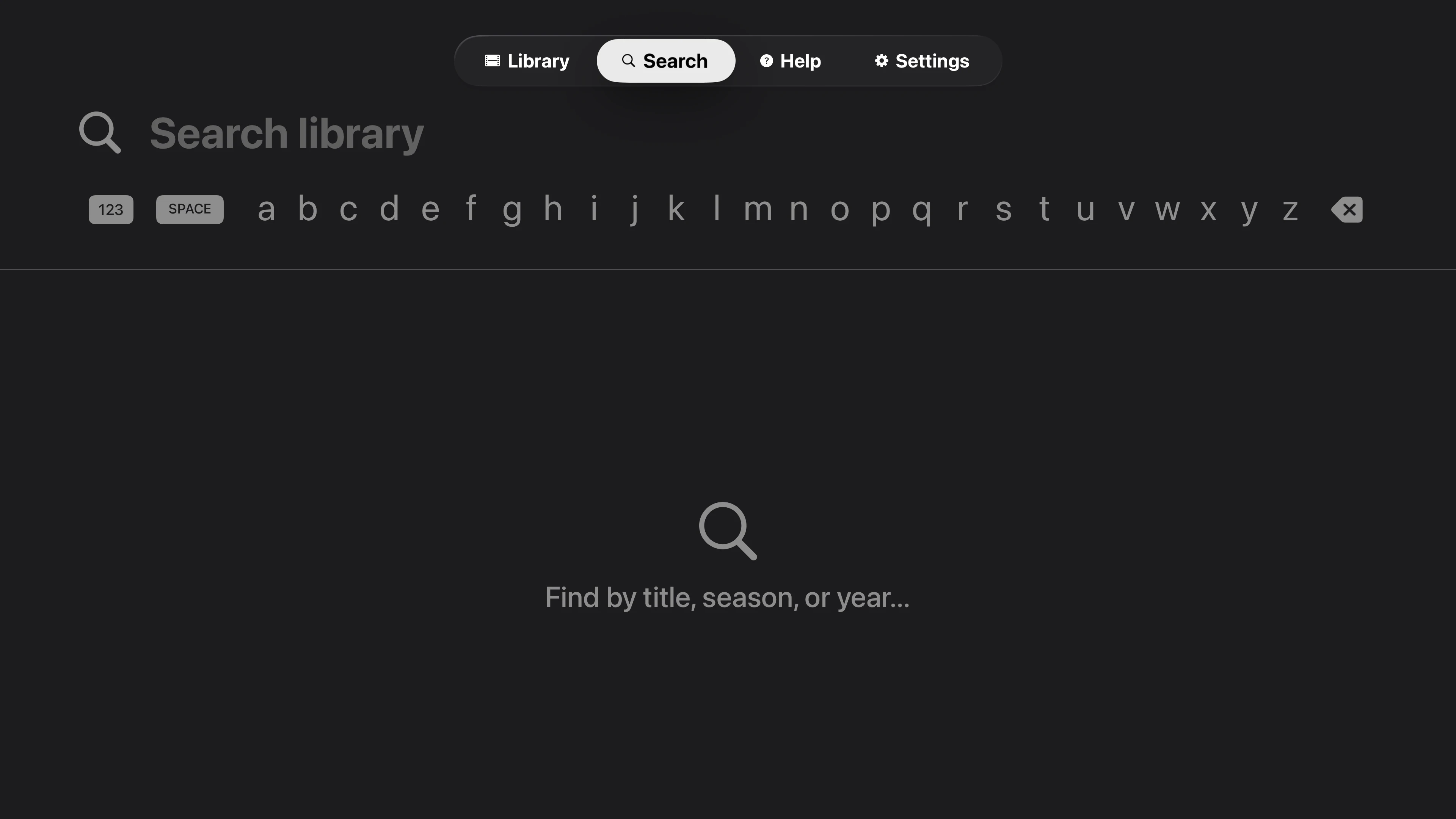 Tomo TV empty search screen with native Apple TV keyboard and prompt to find by title, season, or year