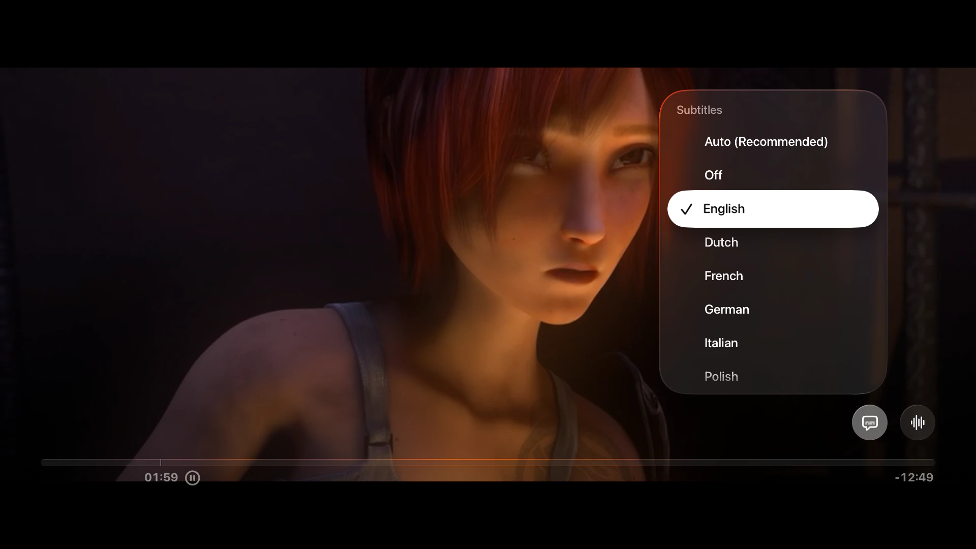 Tomo TV subtitle picker during Sintel playback showing language options: Auto (Recommended), Off, English selected, Dutch, French, German, Italian, and Polish
