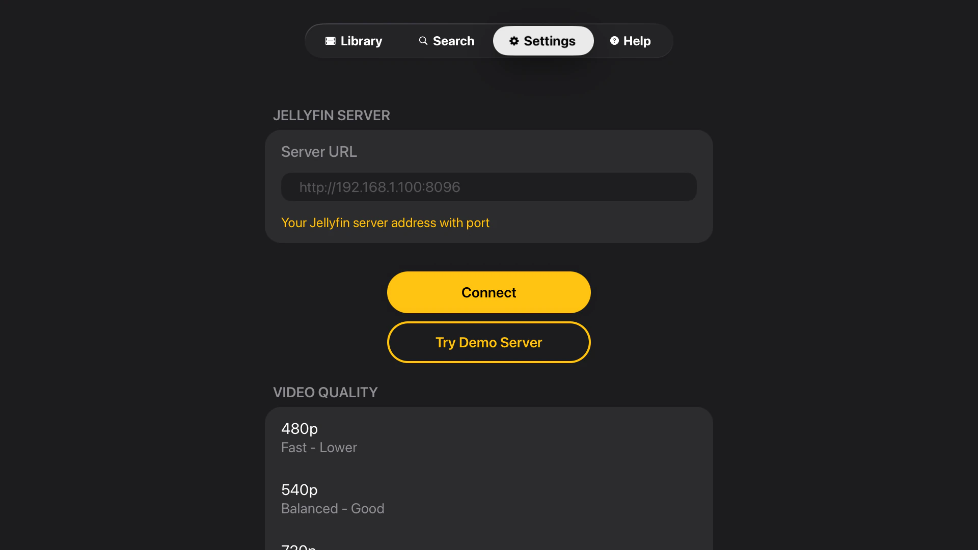 Tomo TV settings screen showing Server URL field, Connect and Try Demo Server buttons, and video quality presets starting with 480p and 540p