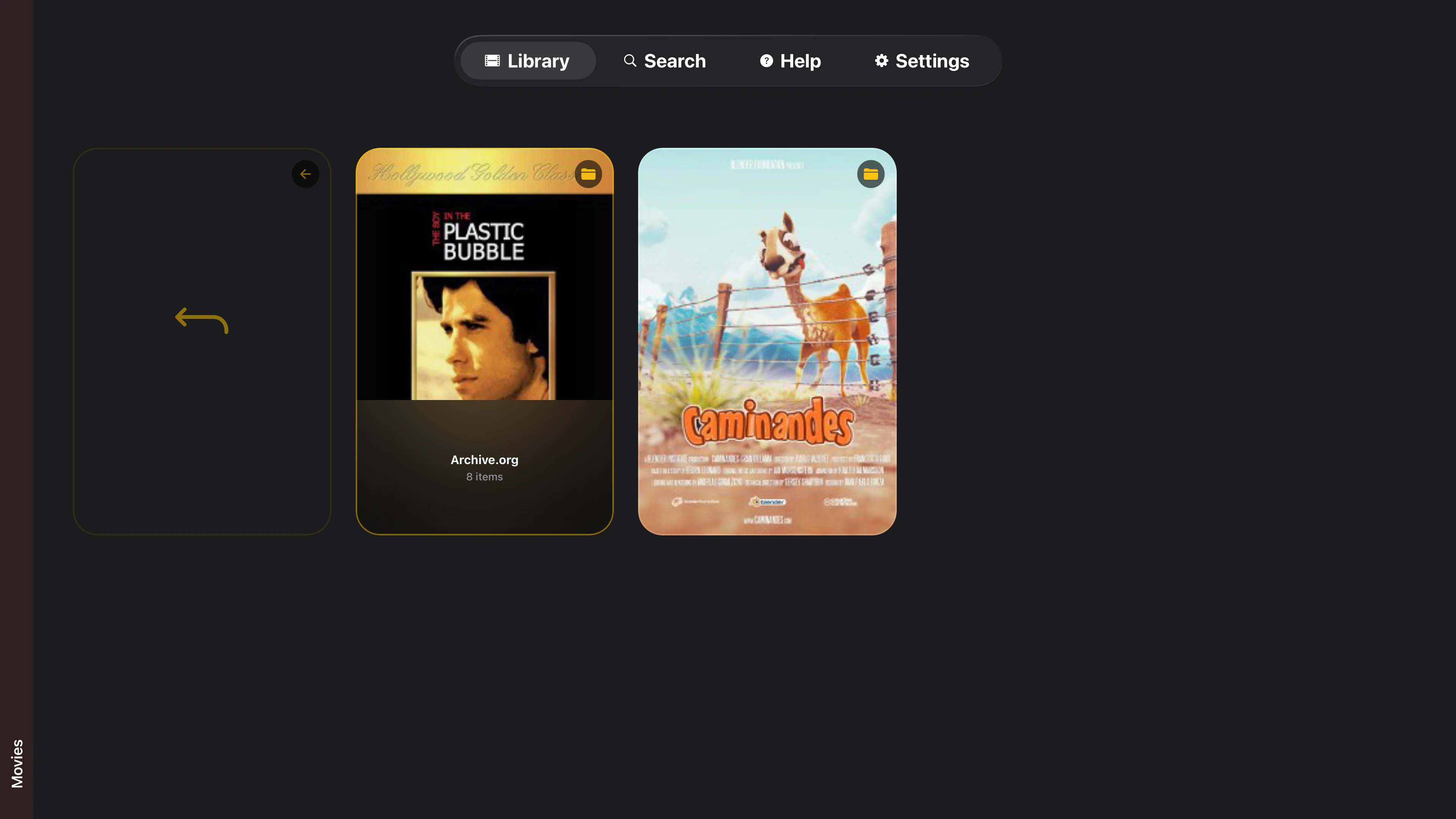 Tomo TV folder browsing Archive.org collection showing The Boy in the Plastic Bubble and Caminandes movie posters