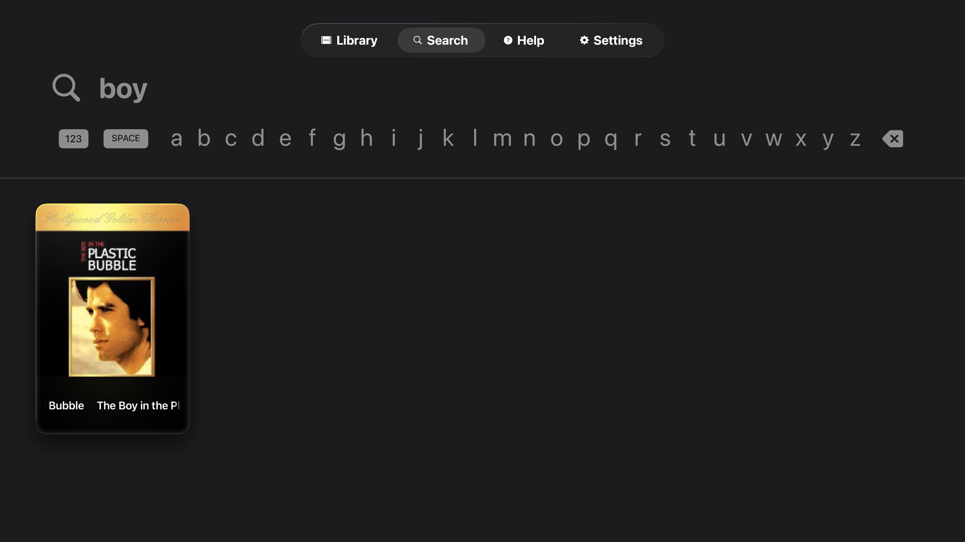 Tomo TV search results for 'boy' showing The Boy in the Plastic Bubble movie from Hollywood Golden Classics