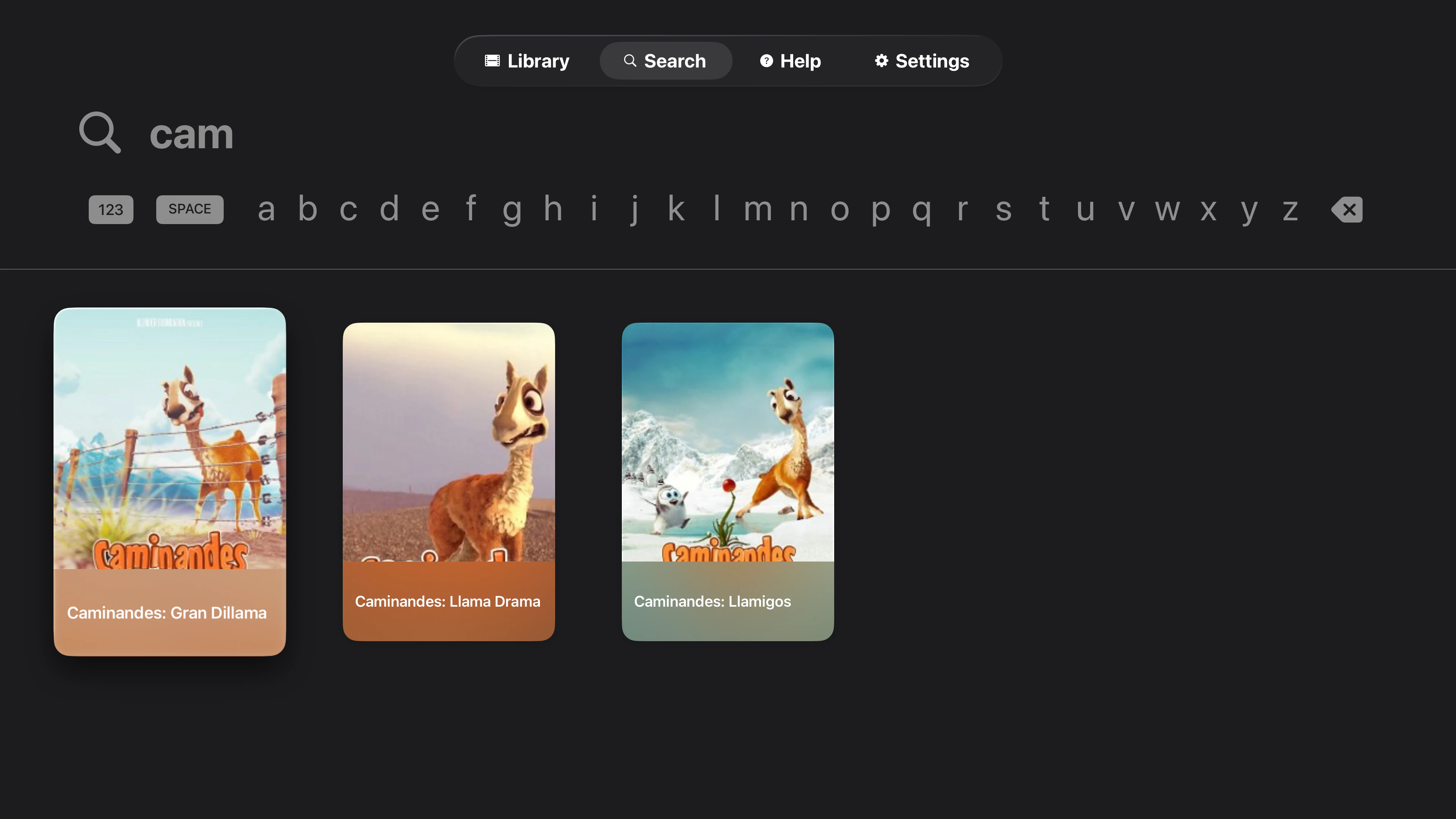 Tomo TV search results for 'cam' showing three Caminandes animated movies: Gran Dillama, Llama Drama, and Llamigos