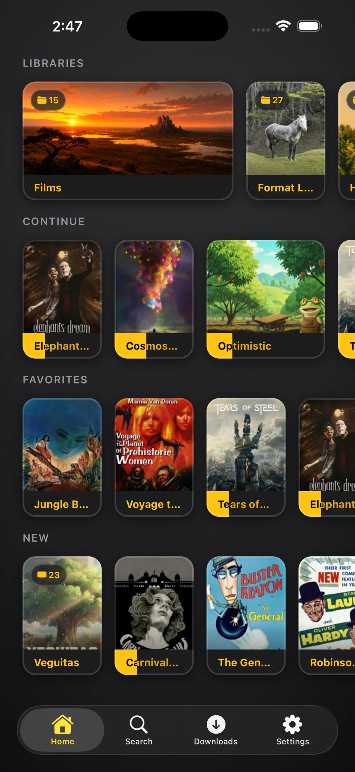 The same Home on iPhone in portrait, the rows stacked over the four-tab bar