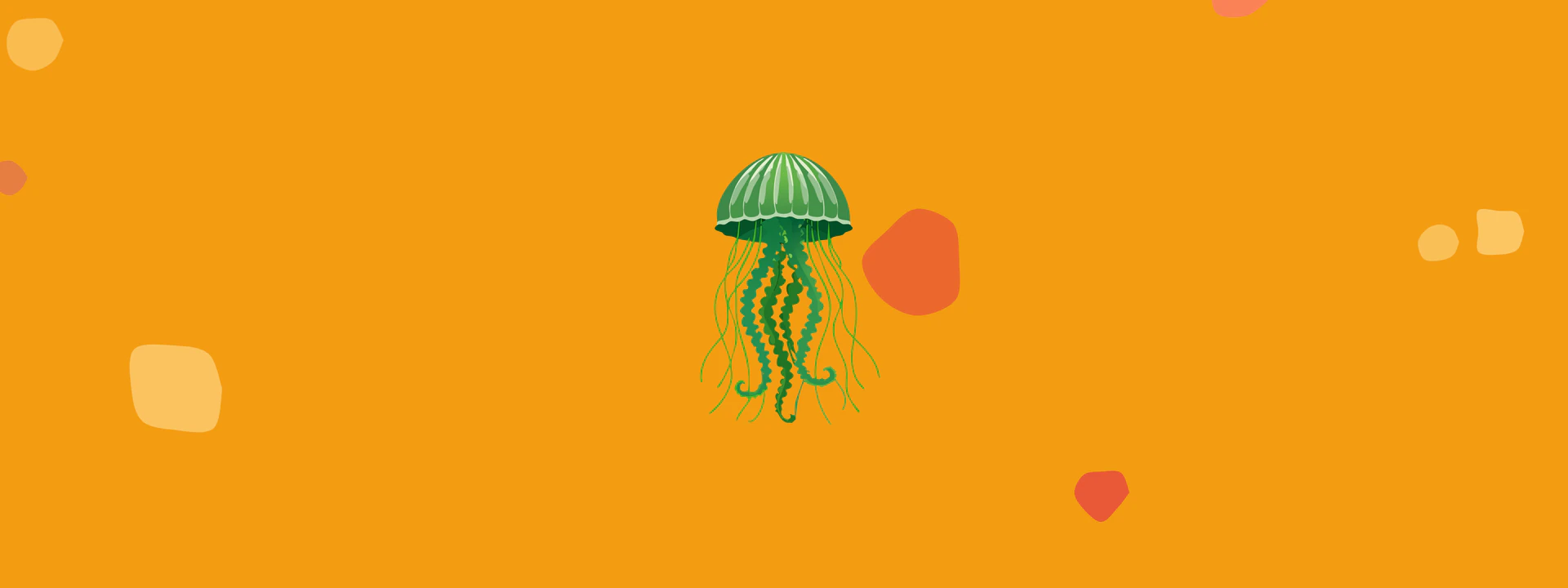 Tomo TV logo, jellyfish illustration on orange background