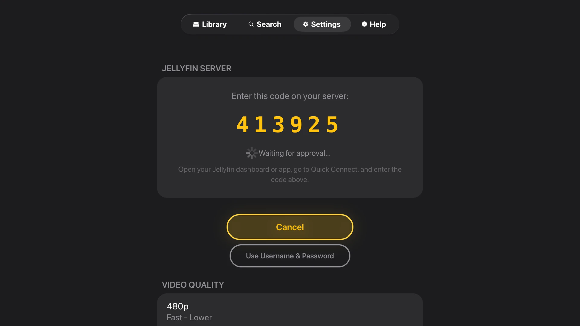 Tomo TV Quick Connect screen showing a 6-digit code with Waiting for approval status, Cancel button, and Use Username and Password fallback option