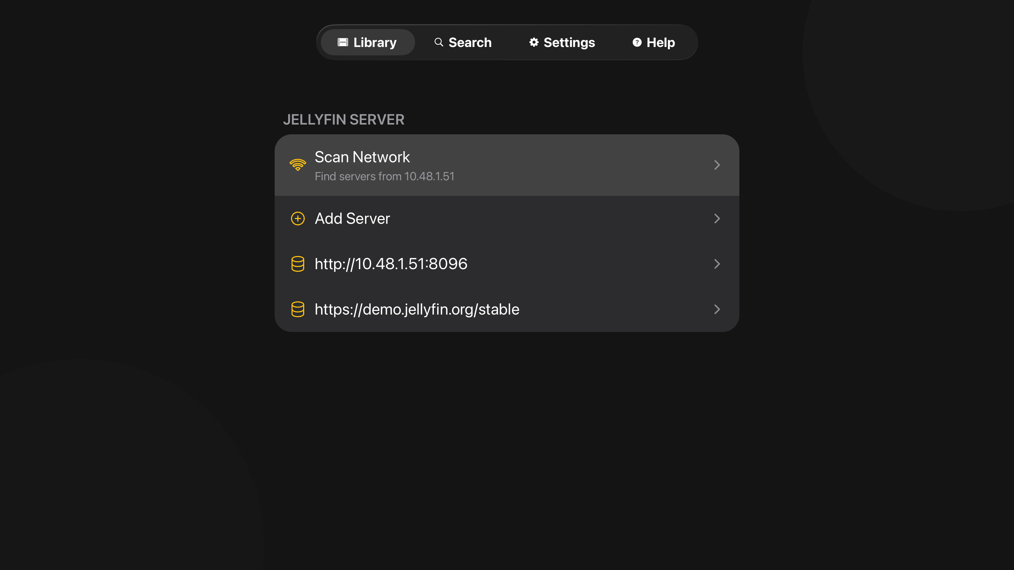 Tomo TV Settings screen under a Jellyfin Server heading with a Scan Network row offering to find servers, Add Server, and two saved servers: http://10.48.1.51:8096 and https://demo.jellyfin.org/stable