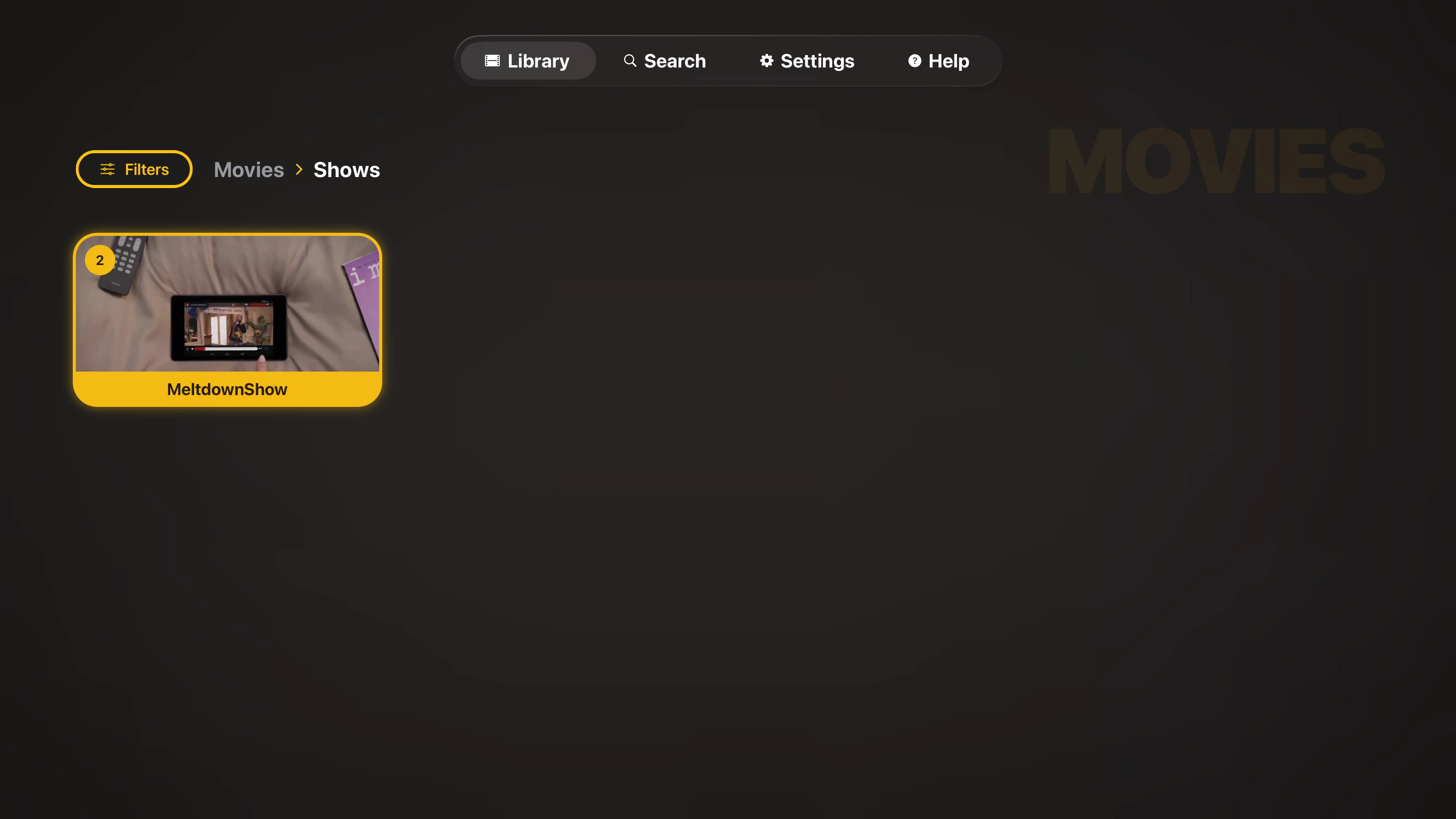 Tomo TV folder view with breadcrumb Movies, Shows, showing a focused MeltdownShow folder card with an item count