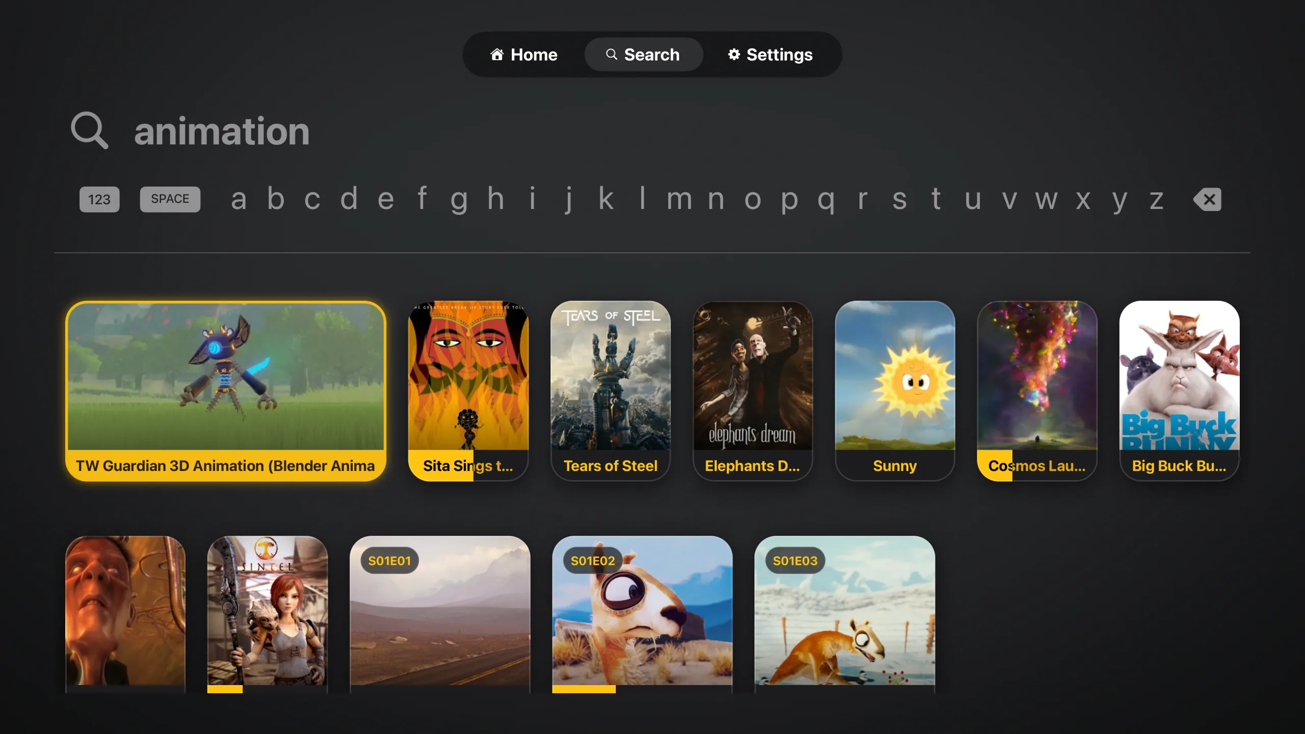 Search on Apple TV: the query animation above a single row of letters, and a grid of matching films and episodes below with progress bars on the ones already started